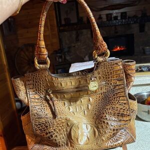 Elegant Brahmin Brown Crocodile-Embossed Handbag with handle, magnetic close